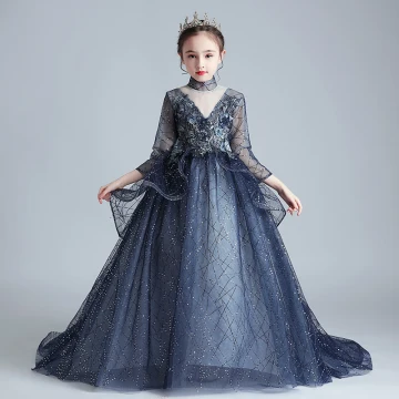 Vintage Originale Bleu Marine Transparentes Anniversaire Robe Ceremonie Fille 2020 Robe Boule Col Haut 3 4 Manches Fleur Appliques En Dentelle Perlage Perle Train De Balayage Volants