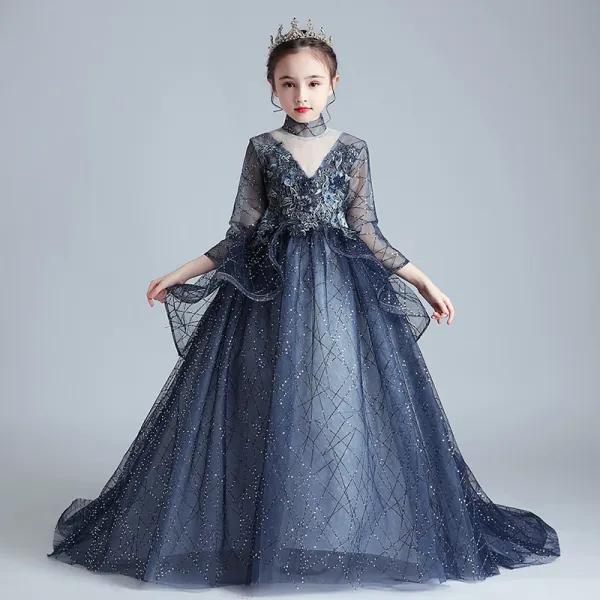 Vintage / Retro Navy Blue See-through Birthday Flower Girl Dresses 2020 Ball Gown High Neck 3/4 Sleeve Flower Appliques Lace Beading Pearl Sweep Train Ruffle