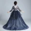 Vintage / Retro Navy Blue See-through Birthday Flower Girl Dresses 2020 Ball Gown High Neck 3/4 Sleeve Flower Appliques Lace Beading Pearl Sweep Train Ruffle