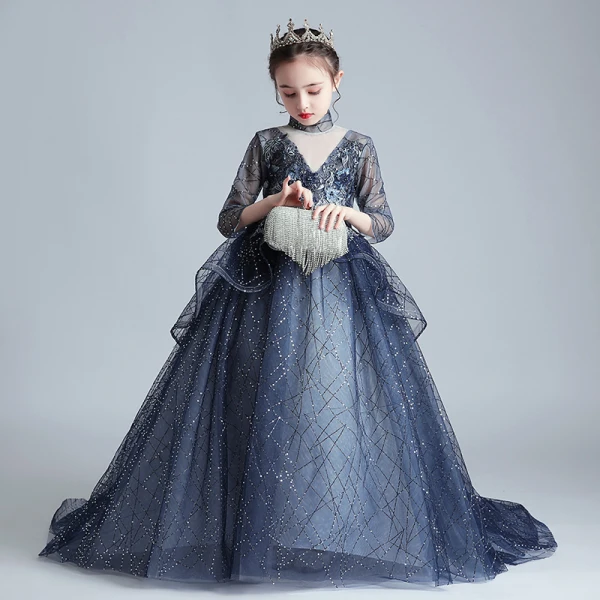 Vintage / Retro Navy Blue See-through Birthday Flower Girl Dresses 2020 Ball Gown High Neck 3/4 Sleeve Flower Appliques Lace Beading Pearl Sweep Train Ruffle