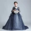 Vintage / Retro Navy Blue See-through Birthday Flower Girl Dresses 2020 Ball Gown High Neck 3/4 Sleeve Flower Appliques Lace Beading Pearl Sweep Train Ruffle