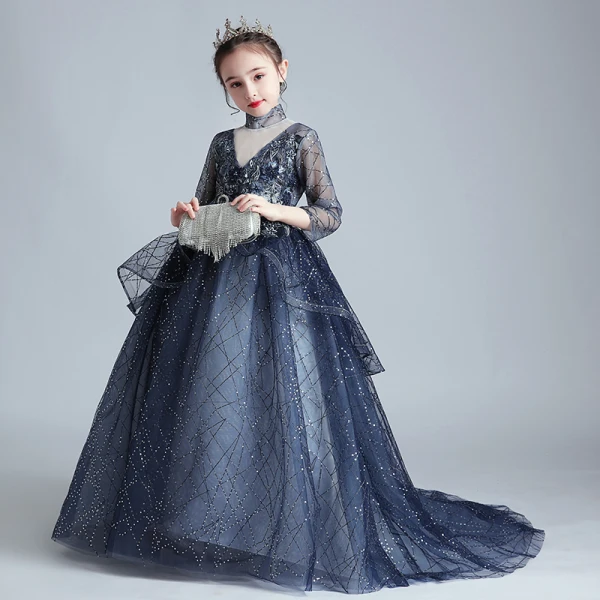 Vintage / Retro Navy Blue See-through Birthday Flower Girl Dresses 2020 Ball Gown High Neck 3/4 Sleeve Flower Appliques Lace Beading Pearl Sweep Train Ruffle
