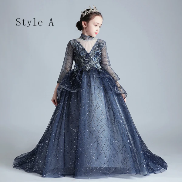 Vintage / Retro Navy Blue See-through Birthday Flower Girl Dresses 2020 Ball Gown High Neck 3/4 Sleeve Flower Appliques Lace Beading Pearl Sweep Train Ruffle
