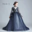 Vintage / Retro Navy Blue See-through Birthday Flower Girl Dresses 2020 Ball Gown High Neck 3/4 Sleeve Flower Appliques Lace Beading Pearl Sweep Train Ruffle