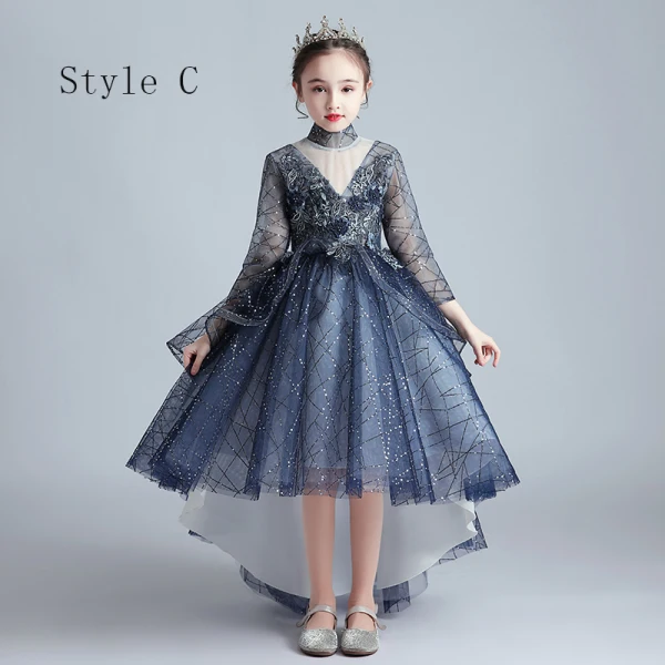 Vintage / Retro Navy Blue See-through Birthday Flower Girl Dresses 2020 Ball Gown High Neck 3/4 Sleeve Flower Appliques Lace Beading Pearl Sweep Train Ruffle