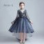 Vintage / Retro Navy Blue See-through Birthday Flower Girl Dresses 2020 Ball Gown High Neck 3/4 Sleeve Flower Appliques Lace Beading Pearl Sweep Train Ruffle