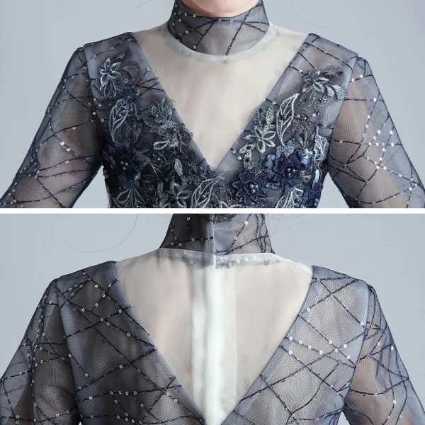 Vintage / Retro Navy Blue See-through Birthday Flower Girl Dresses 2020 Ball Gown High Neck 3/4 Sleeve Flower Appliques Lace Beading Pearl Sweep Train Ruffle