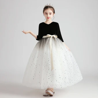 Chic Beautiful Black White Suede Birthday Flower Girl Dresses 2020 Ball Gown 3 4 Sleeve V Neck Star Sequins Sash Floor Length Long Ruffle