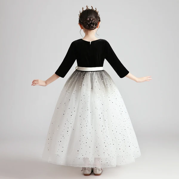 Chic / Beautiful Black White Suede Birthday Flower Girl Dresses 2020 Ball Gown 3/4 Sleeve V-Neck Star Sequins Sash Floor-Length / Long Ruffle