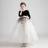 Hermoso Negro Blanco Suede Cumpleaños Vestidos para niñas 2020 Ball Gown 3/4 Ærmer V-Cuello Estrella Lentejuelas Cinturón Largos Ruffle