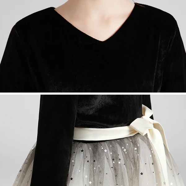 Chic / Beautiful Black White Suede Birthday Flower Girl Dresses 2020 Ball Gown 3/4 Sleeve V-Neck Star Sequins Sash Floor-Length / Long Ruffle