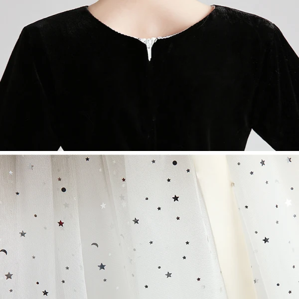 Chic / Beautiful Black White Suede Birthday Flower Girl Dresses 2020 Ball Gown 3/4 Sleeve V-Neck Star Sequins Sash Floor-Length / Long Ruffle