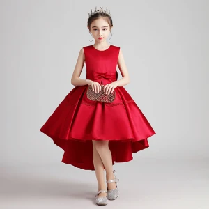 Modest Simple Red Satin Birthday Flower Girl Dresses 2020 Ball Gown Scoop Neck Sleeveless Bow Sash Asymmetrical Ruffle
