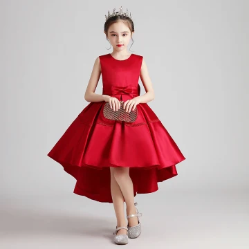 Modest Simple Red Satin Birthday Flower Girl Dresses 2020 Ball Gown Scoop Neck Sleeveless Bow Sash Asymmetrical Ruffle