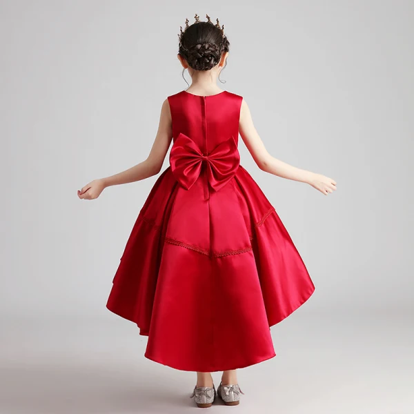 Modest / Simple Red Satin Birthday Flower Girl Dresses 2020 Ball Gown Scoop Neck Sleeveless Bow Sash Asymmetrical Ruffle