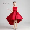Modest / Simple Red Satin Birthday Flower Girl Dresses 2020 Ball Gown Scoop Neck Sleeveless Bow Sash Asymmetrical Ruffle