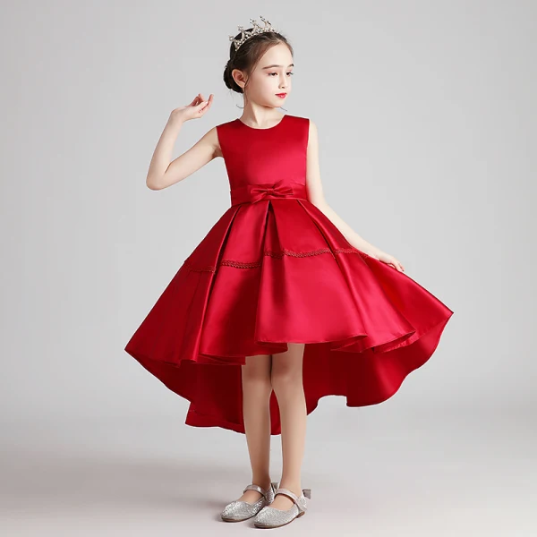 Modest / Simple Red Satin Birthday Flower Girl Dresses 2020 Ball Gown Scoop Neck Sleeveless Bow Sash Asymmetrical Ruffle