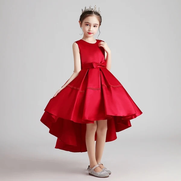 Modest / Simple Red Satin Birthday Flower Girl Dresses 2020 Ball Gown Scoop Neck Sleeveless Bow Sash Asymmetrical Ruffle