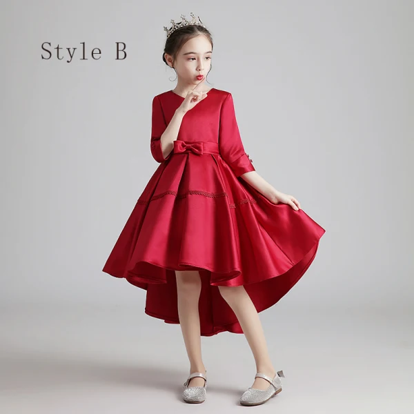 Modest / Simple Red Satin Birthday Flower Girl Dresses 2020 Ball Gown Scoop Neck Sleeveless Bow Sash Asymmetrical Ruffle