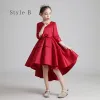 Modest / Simple Red Satin Birthday Flower Girl Dresses 2020 Ball Gown Scoop Neck Sleeveless Bow Sash Asymmetrical Ruffle