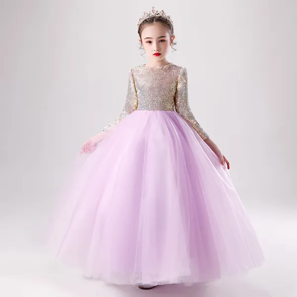 Chic / Beautiful Lilac Birthday Flower Girl Dresses 2020 Ball Gown Scoop Neck 3/4 Sleeve Gold Sequins Floor-Length / Long Ruffle
