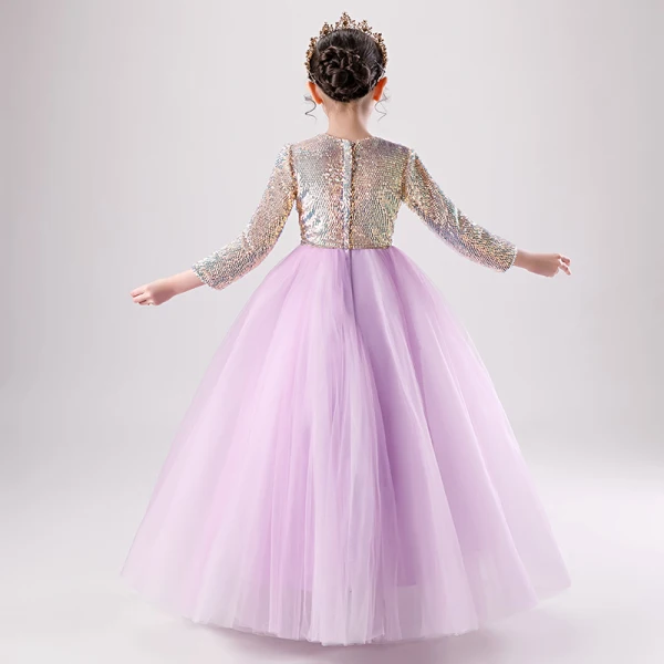 Chic / Beautiful Lilac Birthday Flower Girl Dresses 2020 Ball Gown Scoop Neck 3/4 Sleeve Gold Sequins Floor-Length / Long Ruffle