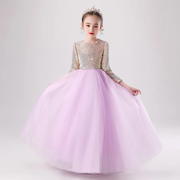 Chic / Beautiful Lilac Birthday Flower Girl Dresses 2020 Ball Gown Scoop Neck 3/4 Sleeve Gold Sequins Floor-Length / Long Ruffle