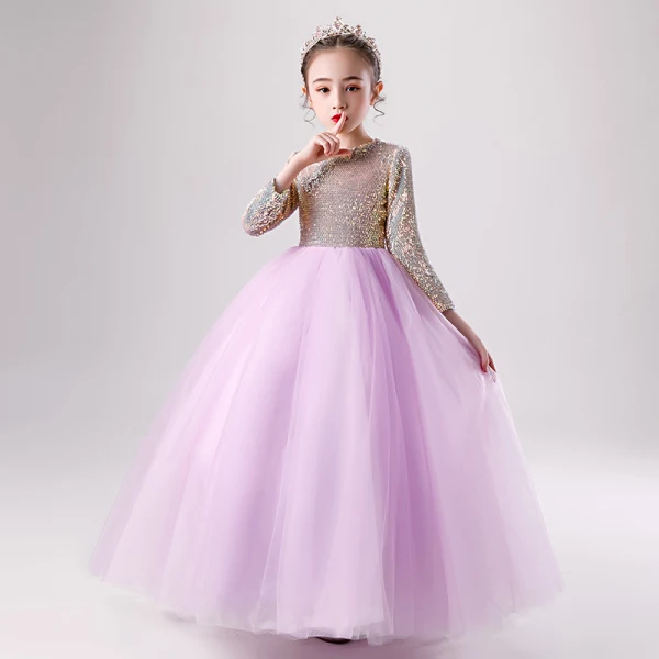 Chic / Beautiful Lilac Birthday Flower Girl Dresses 2020 Ball Gown Scoop Neck 3/4 Sleeve Gold Sequins Floor-Length / Long Ruffle