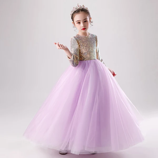 Chic / Beautiful Lilac Birthday Flower Girl Dresses 2020 Ball Gown Scoop Neck 3/4 Sleeve Gold Sequins Floor-Length / Long Ruffle