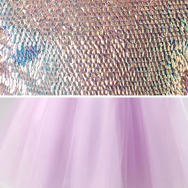 Chic / Beautiful Lilac Birthday Flower Girl Dresses 2020 Ball Gown Scoop Neck 3/4 Sleeve Gold Sequins Floor-Length / Long Ruffle