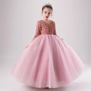 Chic Belle Rose Bonbon Hiver Anniversaire Robe Ceremonie Fille 2020 Robe Boule V Cou Manches Longues Or Rose Paillettes Longue Volants