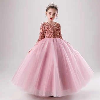 Chic Belle Rose Bonbon Hiver Anniversaire Robe Ceremonie Fille 2020 Robe Boule V Cou Manches Longues Or Rose Paillettes Longue Volants