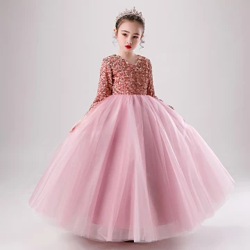 Chic Belle Rose Bonbon Hiver Anniversaire Robe Ceremonie Fille 2020 Robe Boule V Cou Manches Longues Or Rose Paillettes Longue Volants