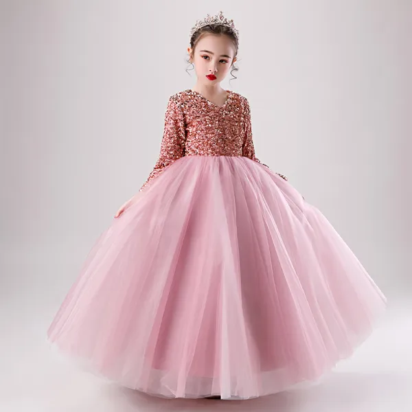 Chic / Beautiful Candy Pink Winter Birthday Flower Girl Dresses 2020 Ball Gown V-Neck Long Sleeve Rose Gold Sequins Floor-Length / Long Ruffle