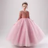 Hermoso Rosa Invierno Cumpleaños Vestidos para niñas 2020 Ball Gown V-Cuello Manga Larga Oro Rosa Lentejuelas Largos Ruffle