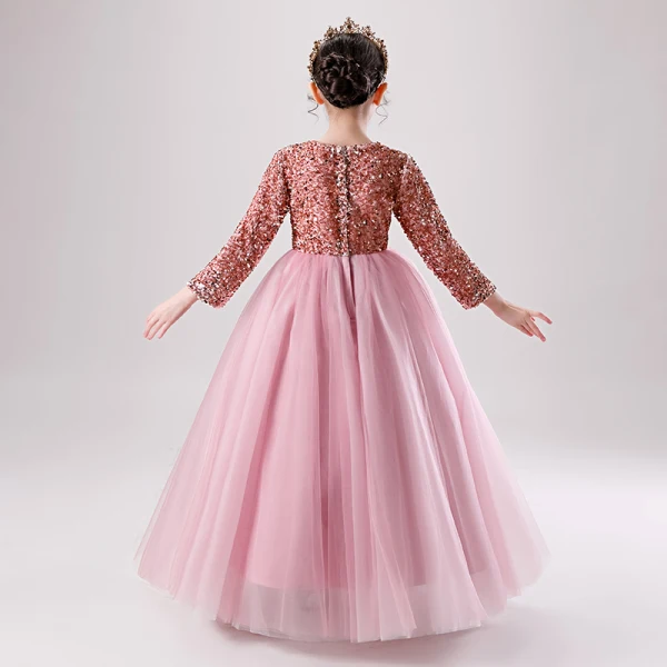 Chic / Beautiful Candy Pink Winter Birthday Flower Girl Dresses 2020 Ball Gown V-Neck Long Sleeve Rose Gold Sequins Floor-Length / Long Ruffle