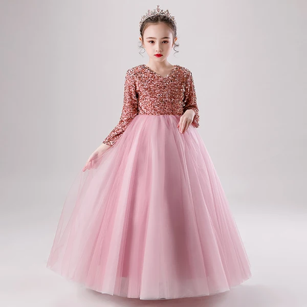 Chic / Beautiful Candy Pink Winter Birthday Flower Girl Dresses 2020 Ball Gown V-Neck Long Sleeve Rose Gold Sequins Floor-Length / Long Ruffle
