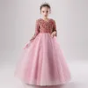 Hermoso Rosa Invierno Cumpleaños Vestidos para niñas 2020 Ball Gown V-Cuello Manga Larga Oro Rosa Lentejuelas Largos Ruffle
