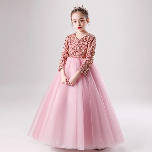 Chic / Beautiful Candy Pink Winter Birthday Flower Girl Dresses 2020 Ball Gown V-Neck Long Sleeve Rose Gold Sequins Floor-Length / Long Ruffle