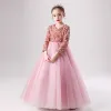 Chic / Beautiful Candy Pink Winter Birthday Flower Girl Dresses 2020 Ball Gown V-Neck Long Sleeve Rose Gold Sequins Floor-Length / Long Ruffle