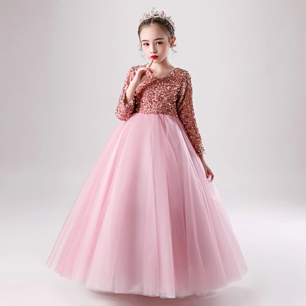 Chic / Beautiful Candy Pink Winter Birthday Flower Girl Dresses 2020 Ball Gown V-Neck Long Sleeve Rose Gold Sequins Floor-Length / Long Ruffle