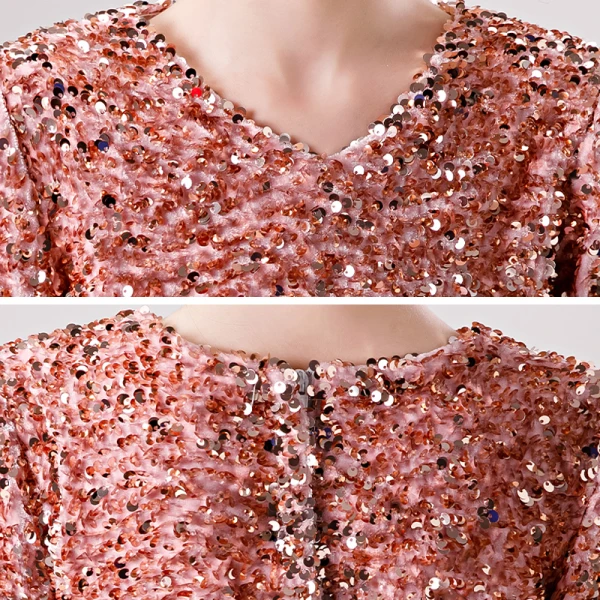 Chic / Beautiful Candy Pink Winter Birthday Flower Girl Dresses 2020 Ball Gown V-Neck Long Sleeve Rose Gold Sequins Floor-Length / Long Ruffle