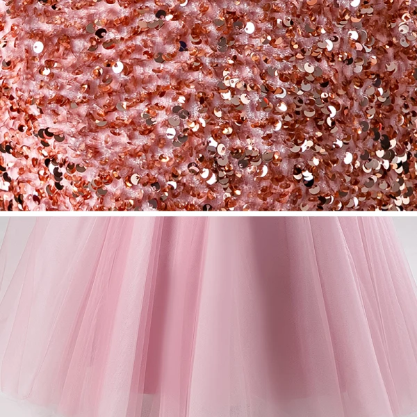 Chic / Beautiful Candy Pink Winter Birthday Flower Girl Dresses 2020 Ball Gown V-Neck Long Sleeve Rose Gold Sequins Floor-Length / Long Ruffle