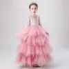 Fashion Candy Pink See-through Birthday Flower Girl Dresses 2020 Ball Gown Scoop Neck 3/4 Sleeve Appliques Lace Beading Floor-Length / Long Cascading Ruffles
