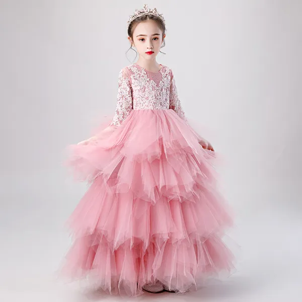 Fashion Candy Pink See-through Birthday Flower Girl Dresses 2020 Ball Gown Scoop Neck 3/4 Sleeve Appliques Lace Beading Floor-Length / Long Cascading Ruffles