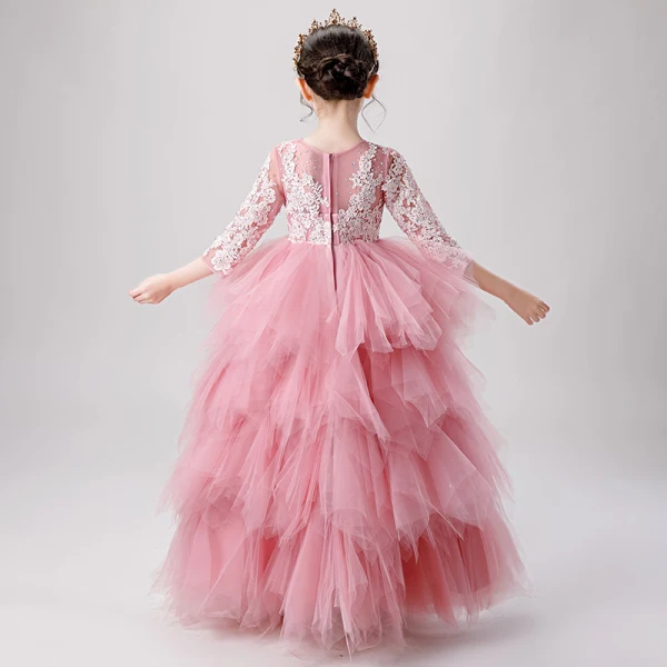 Mode Godis Rosa Genomskinliga Födelsedag Brudnäbbsklänning 2020 Balklänning Urringning 3/4 ärm Appliqués Spets Beading Långa Cascading Volanger