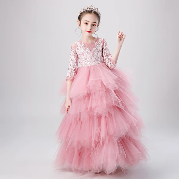 Mode Godis Rosa Genomskinliga Födelsedag Brudnäbbsklänning 2020 Balklänning Urringning 3/4 ärm Appliqués Spets Beading Långa Cascading Volanger