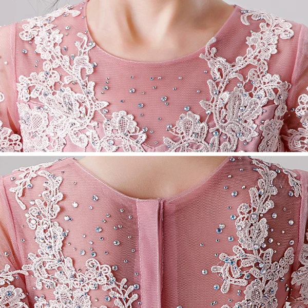 Mode Godis Rosa Genomskinliga Födelsedag Brudnäbbsklänning 2020 Balklänning Urringning 3/4 ärm Appliqués Spets Beading Långa Cascading Volanger