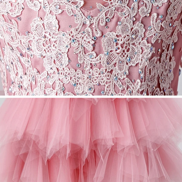 Mode Godis Rosa Genomskinliga Födelsedag Brudnäbbsklänning 2020 Balklänning Urringning 3/4 ärm Appliqués Spets Beading Långa Cascading Volanger