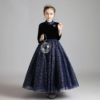 Ciel Étoilé Bleu Marine Daim Hiver Anniversaire Robe Ceremonie Fille 2020 Robe Boule Col Haut 3 4 Manches Perlage Glitter Étoile Longue Volants